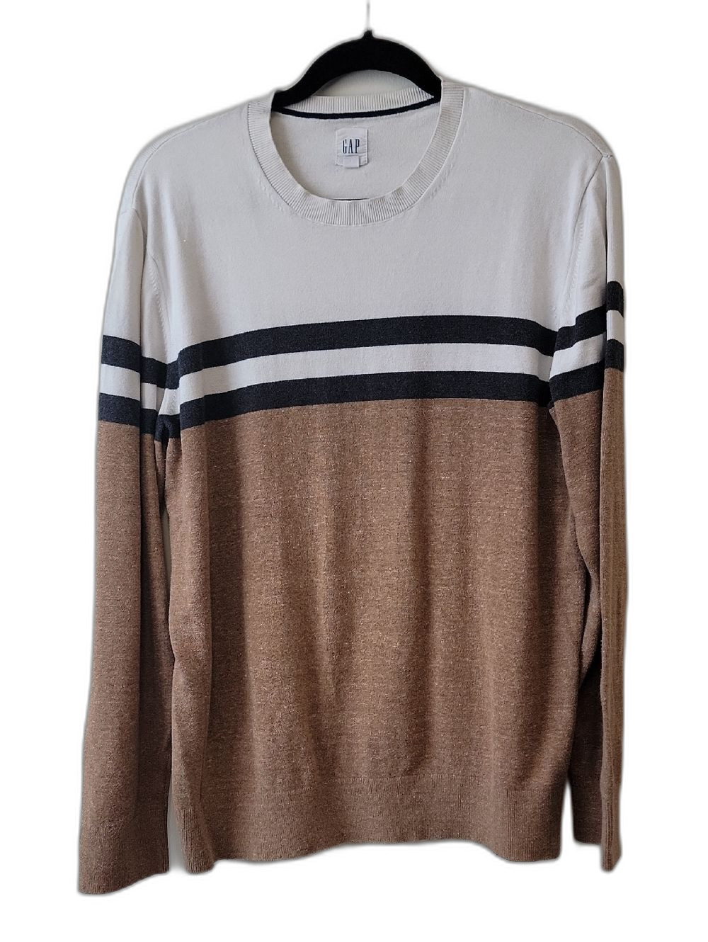 GAP Men’s White, Black & Brown Striped Preppy Casual Crewneck Sweater